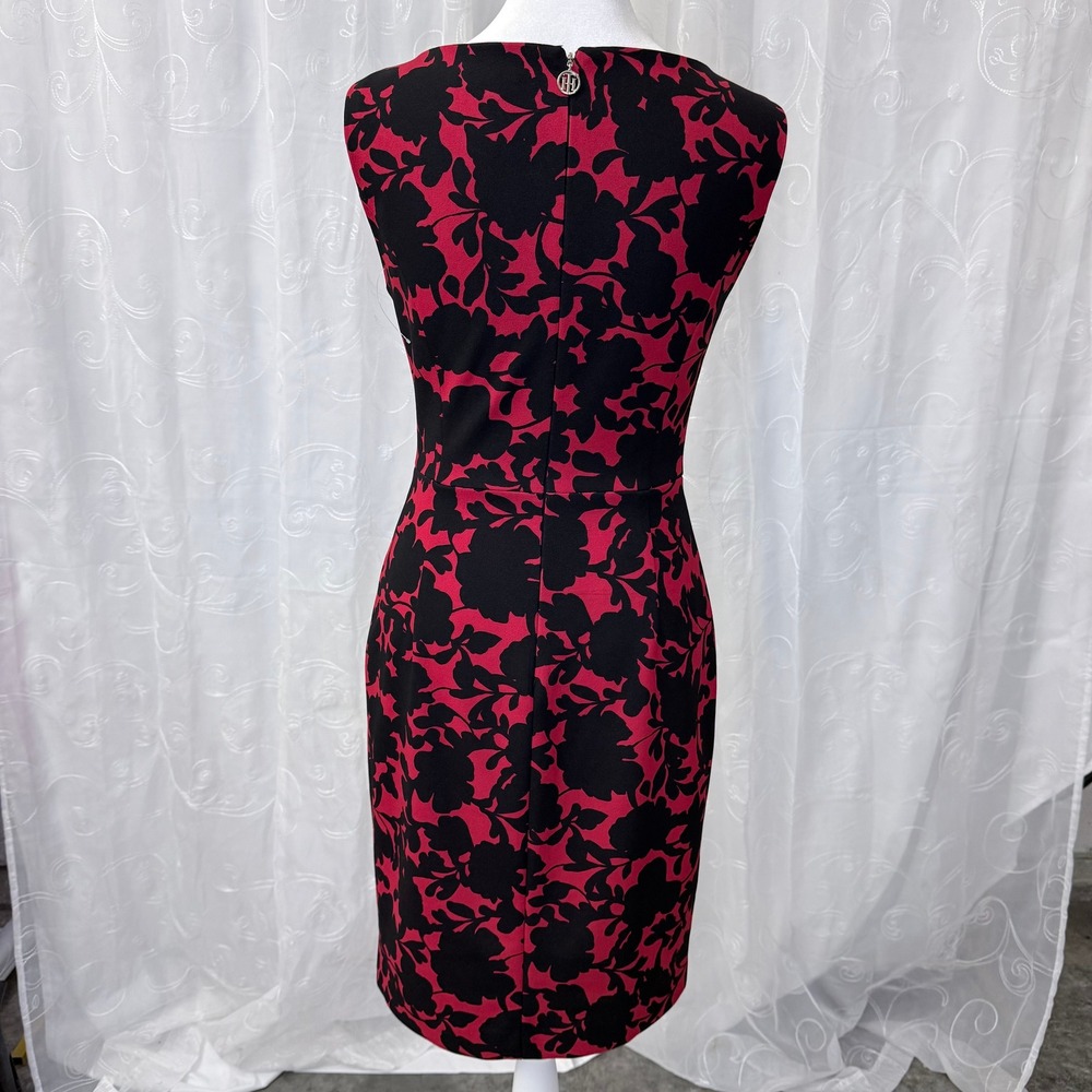 Tommy Hilfiger Red Black Floral Sheath Dress Sleeveless Bateau Neck Size 2 - Picture 3 of 9